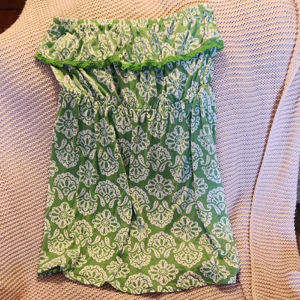 Green and White Smocked Ruffled Strapless Dress.
